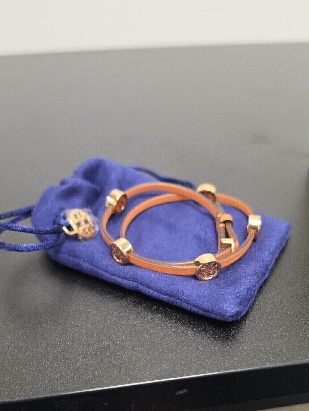 Tory Burch Tan Leather Double Wrap Bracelet with Gold Logo Discs - Picture 3 of 3